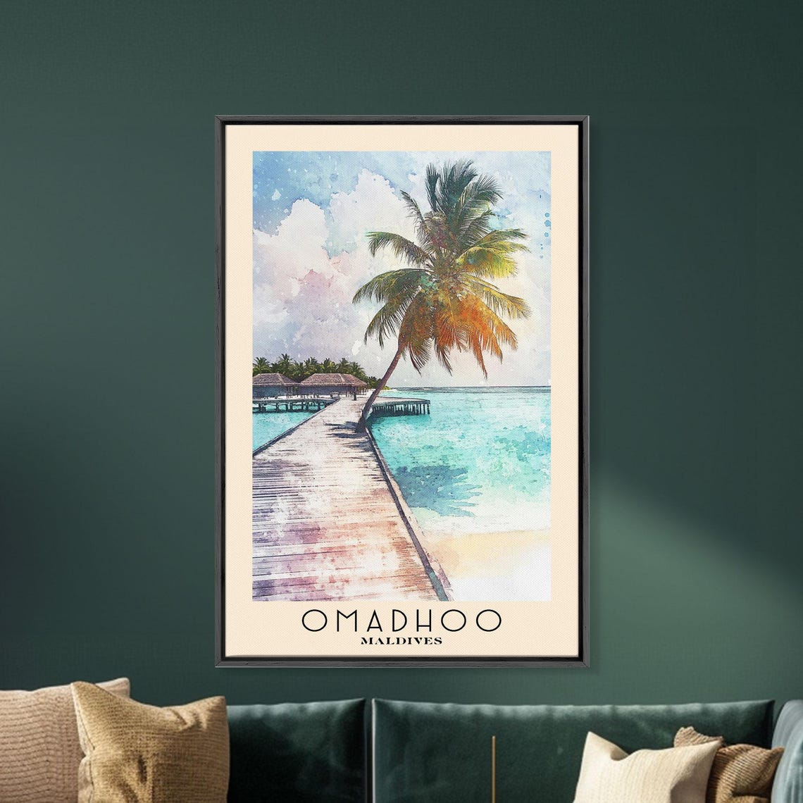 Omadhoo Maldives Leaning Palm Pier Turquoise Lagoon Watercolor Poster - Image 5