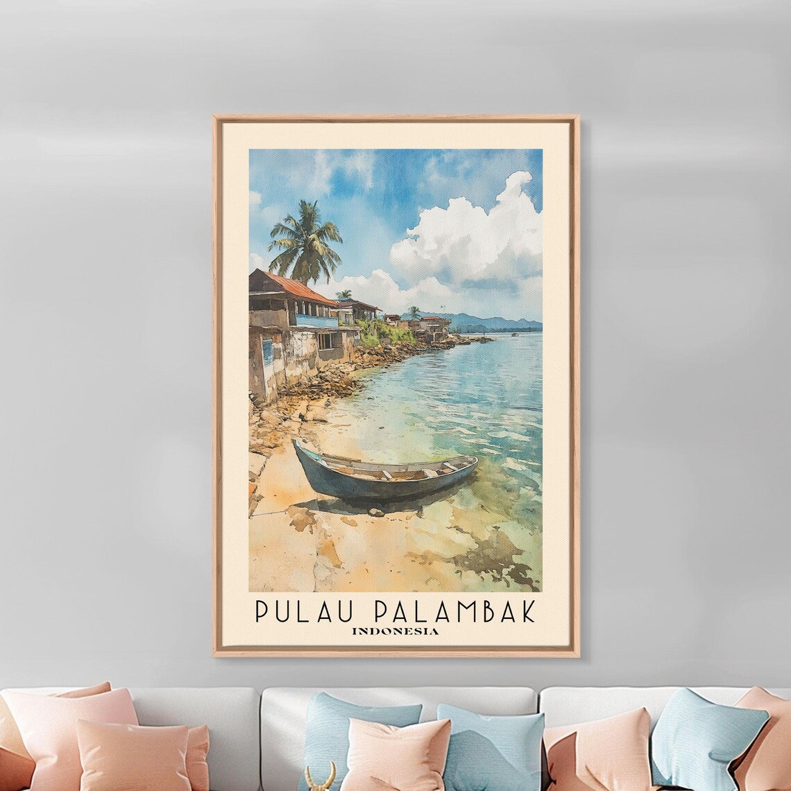 Pulau Palambak Indonesia Wooden Boat Shallows Stilt Houses Palm Shore Watercolor Poster - Image 3