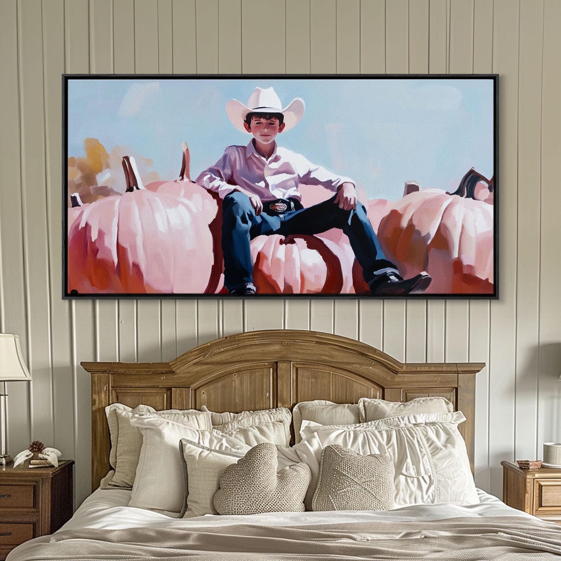 Little Cowboy In White Hat Sitting On Giant Pink Pumpkins Retro Poster - Image 2