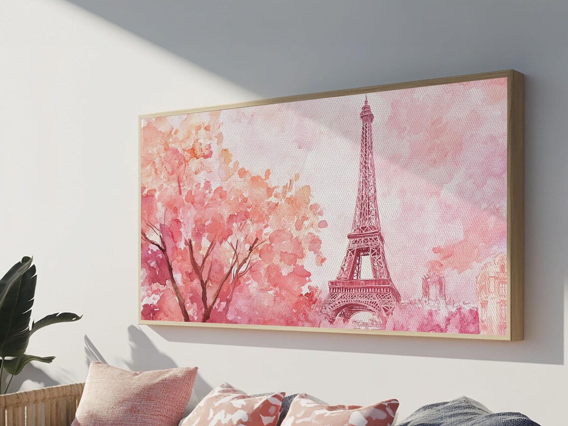 Eiffel Tower Pink Cherry Blossom Watercolor Paris Romantic View Poster - Image 3