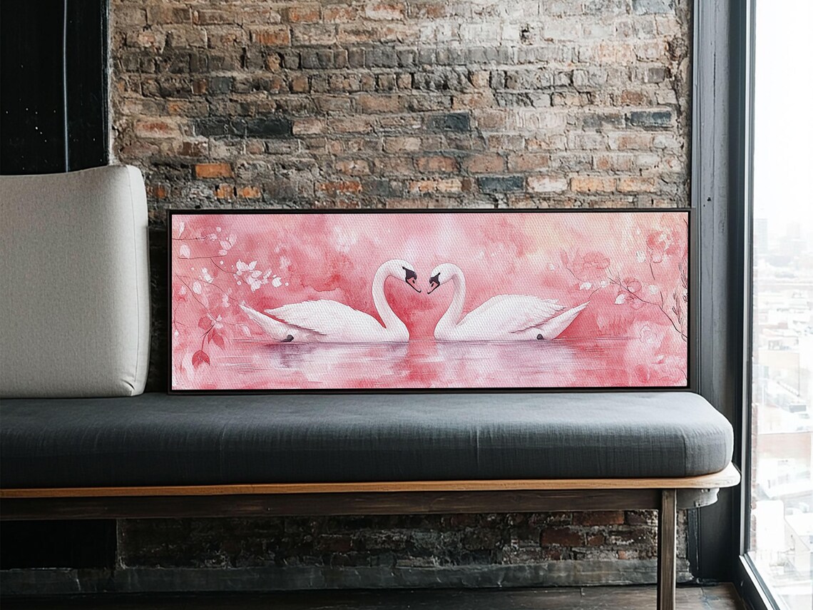 Romantic Swan Couple Pink Lake Watercolor Love Birds Wall Art - Image 2
