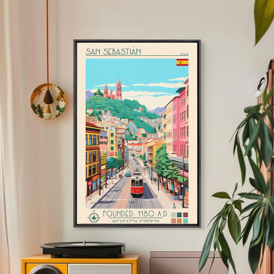 San Sebastian Spain Tram Hilltop Church Street View Travel Poster - Image 3