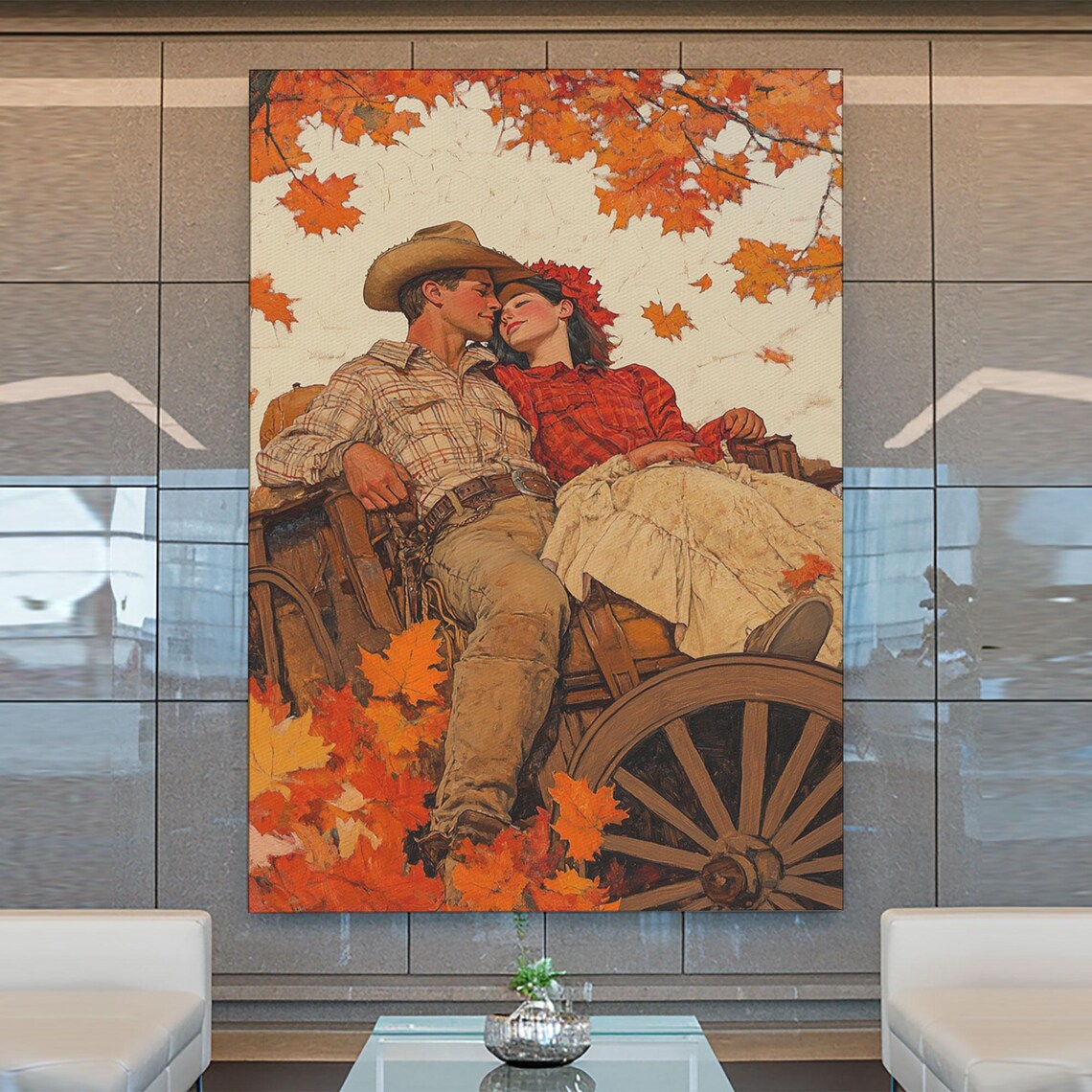 Cowboy Couple Kissing In Wooden Wagon Autumn Maple Leaves Art Poster
