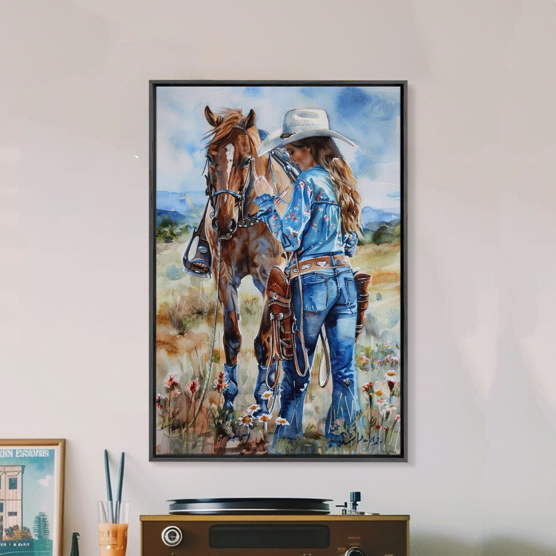 Cowgirl Standing Beside Horse In Wildflower Field Art Poster - Image 5