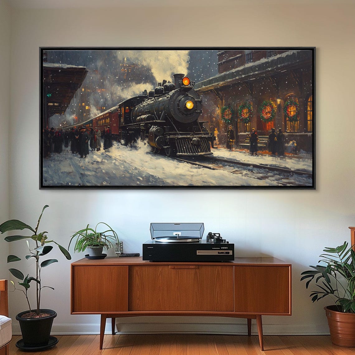Steam Train Arriving At A Snowy Station On Christmas Eve Art Print - Image 4