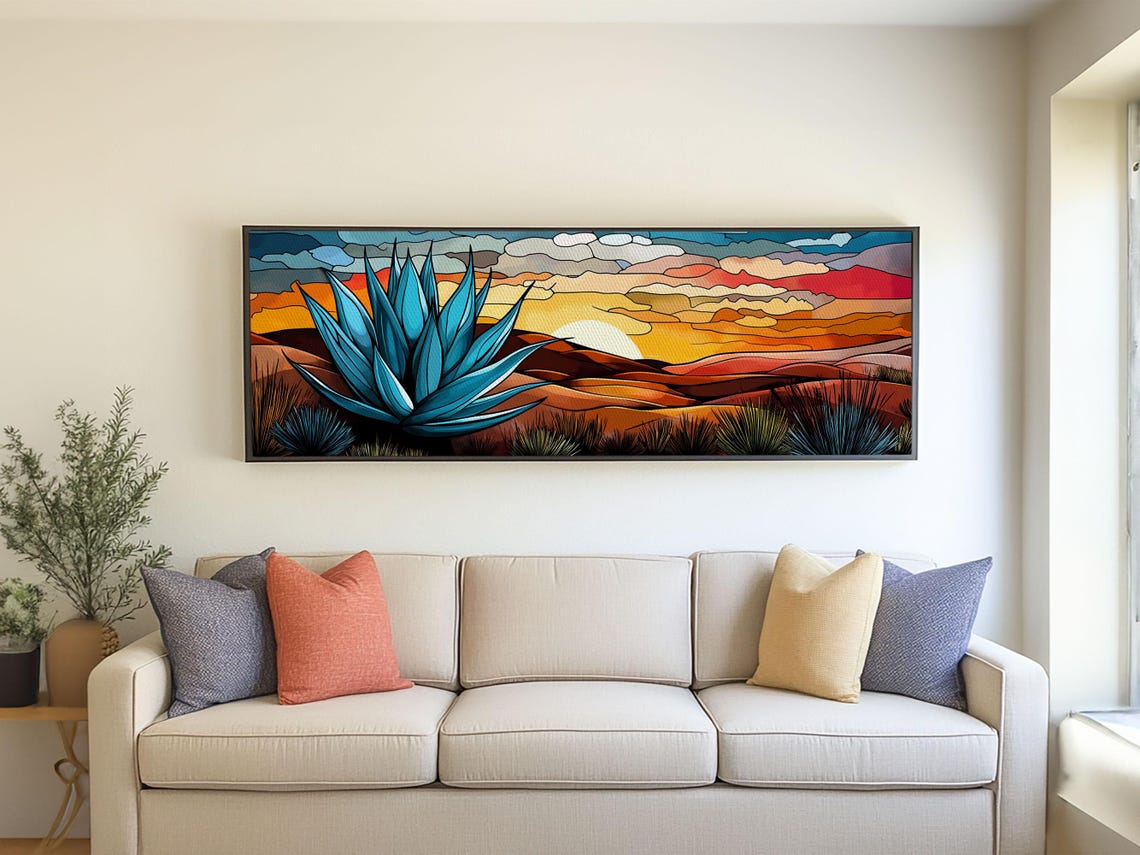 Blue Agave Desert Sunset Stained Glass Style Panoramic Wall Poster - Image 4