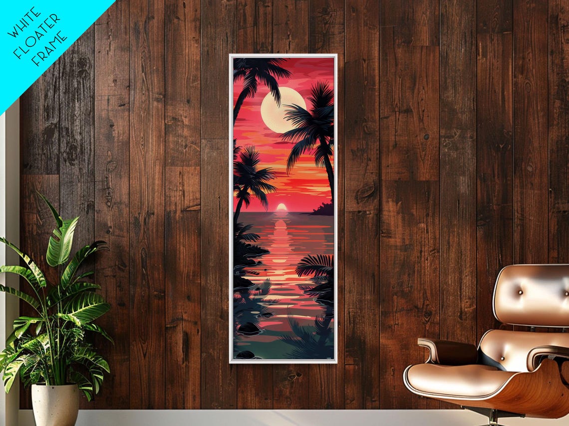 Serene Sunset With Palm Trees And Tranquil Ocean Reflection Ukiyo E Wood Block Tall Skinny Art Framed Print - Image 3