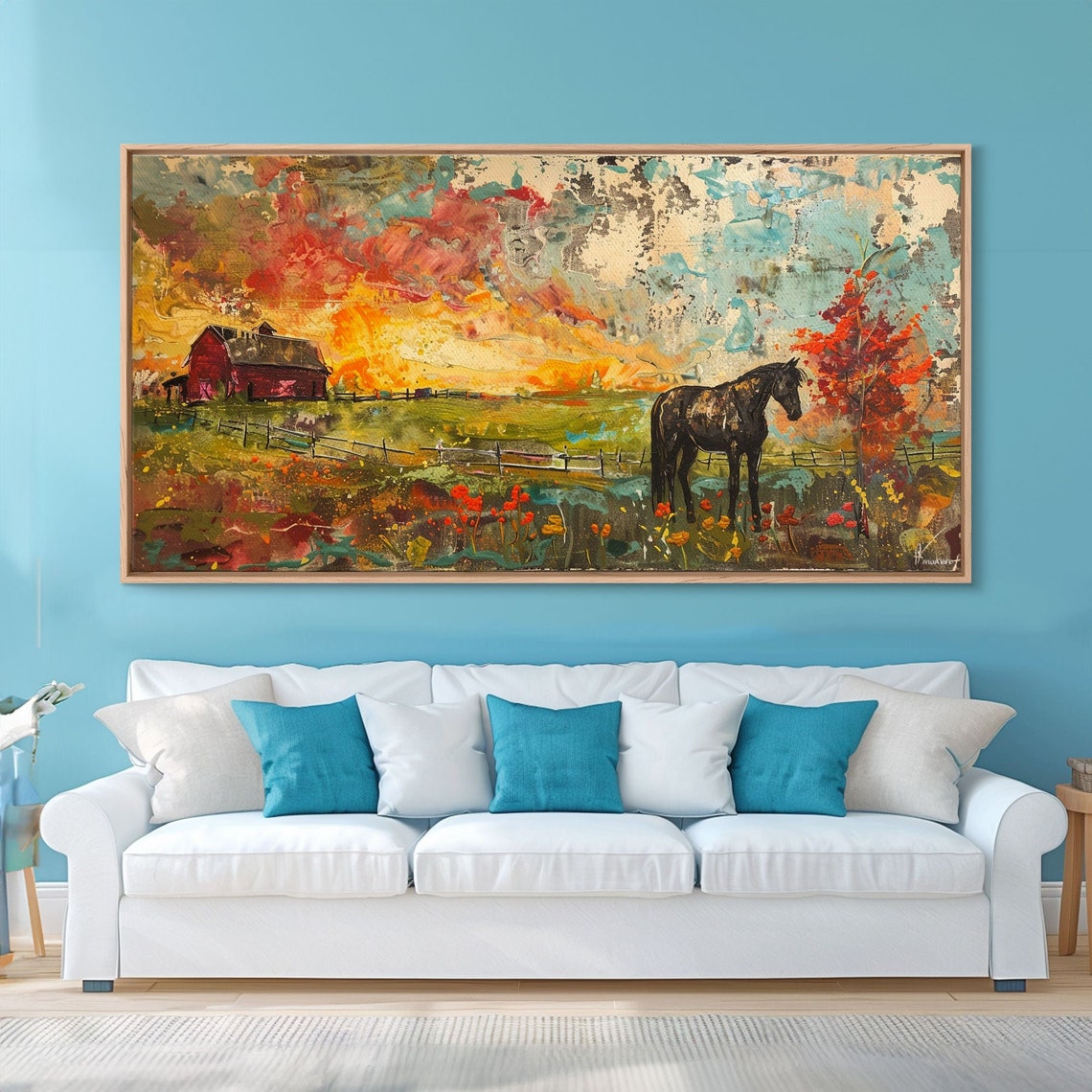 Black Horse Autumn Field Red Barn Colorful Sky Farm Painting Poster - Image 2