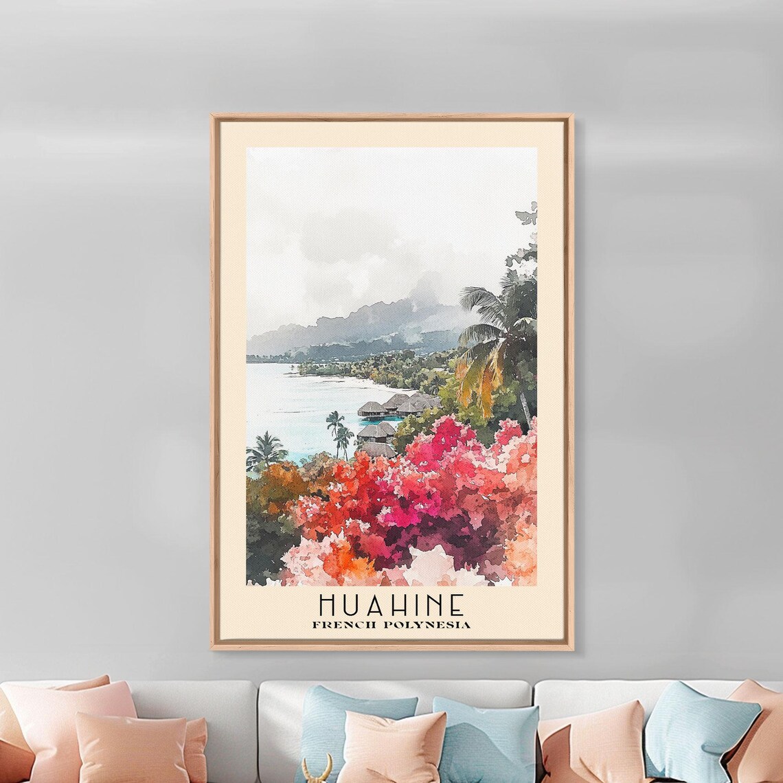 Huahine French Polynesia Lagoon Bungalows Tropical Watercolor Poster - Image 3