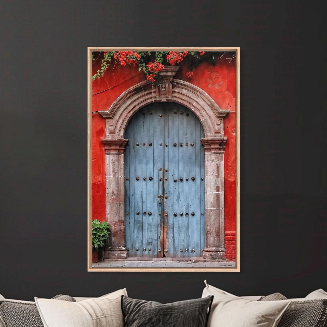 Blue Gray Wooden Double Door Stone Arch Red Bougainvillea Art Poster - Image 3
