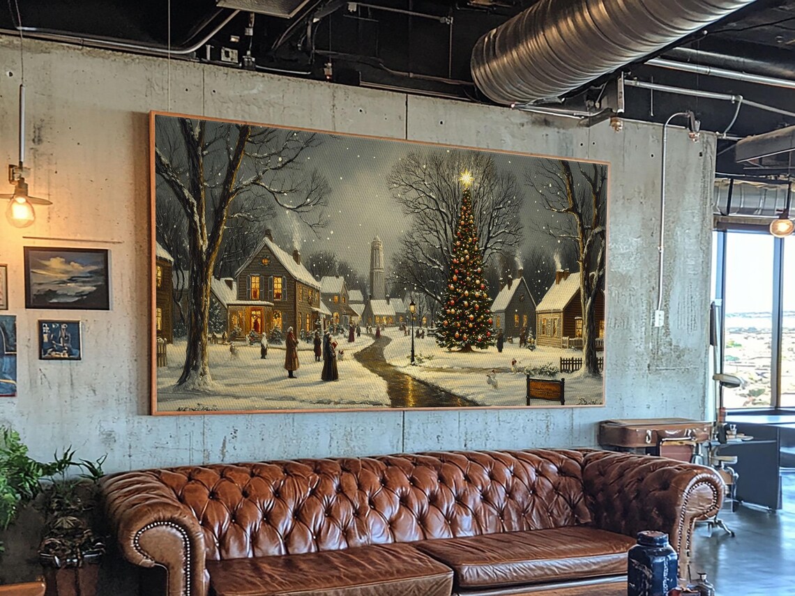 Christmas Sceneary Wall Art Framed Print Winter Wall Art Christmas Village Painting Victorian Christmas Oil Painting Horizontal Art