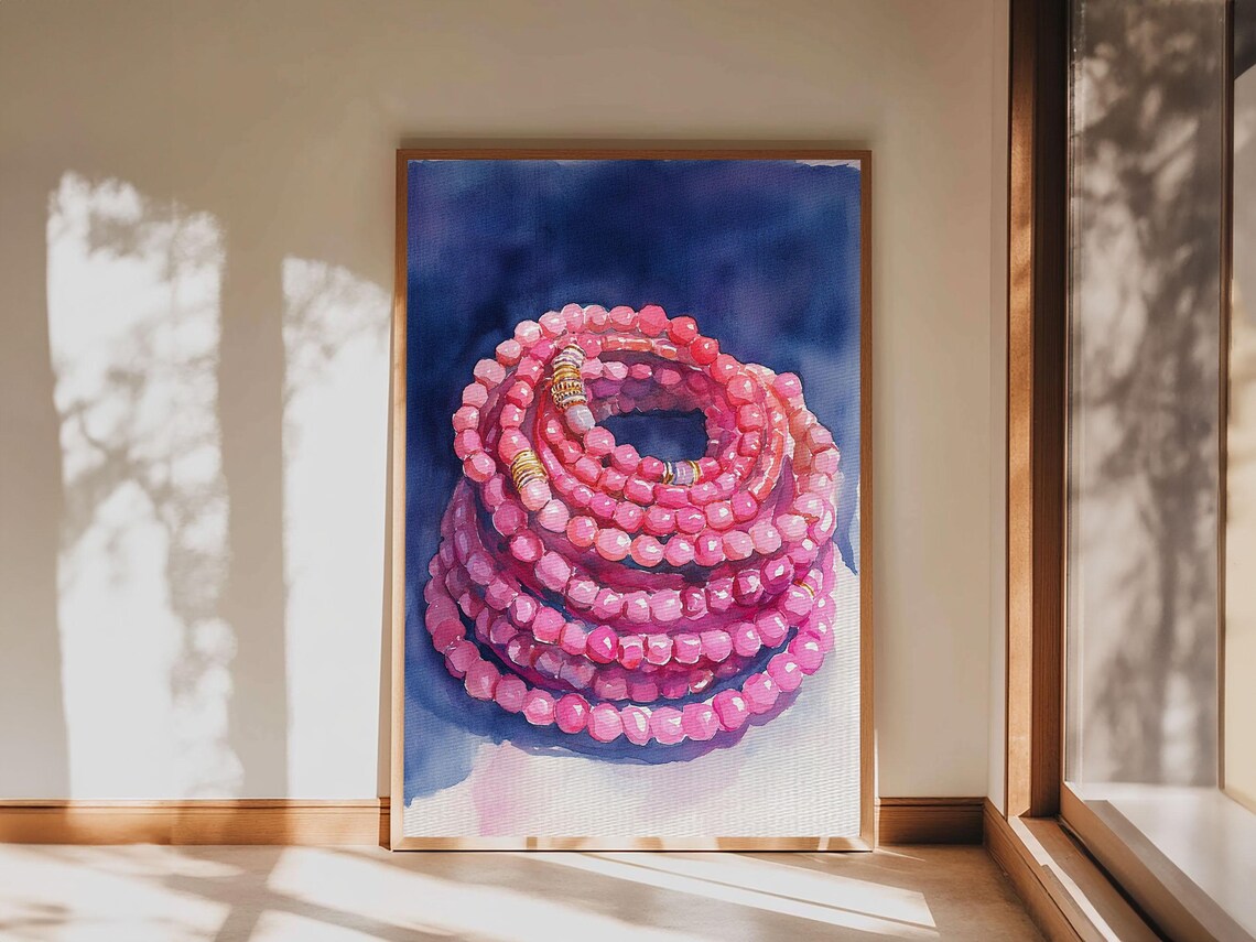 Pink Beaded Bracelets Stacked On Navy Blue Watercolor Wall Art Print - Image 6