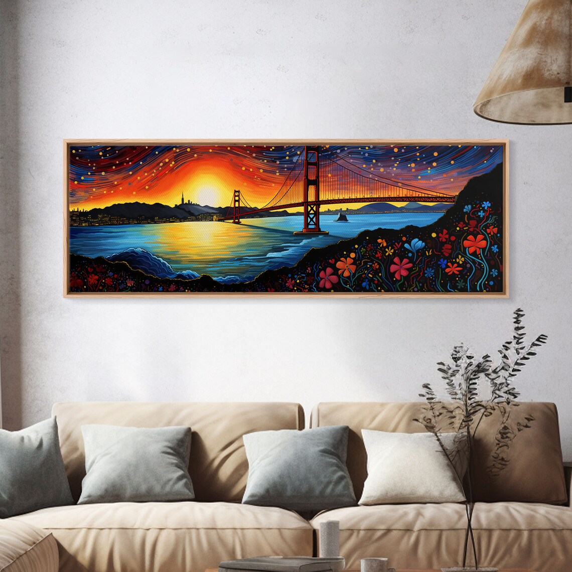 Golden Gate Bridge San Francisco Sunset Swirling Sky Floral Painting Poster - Image 4