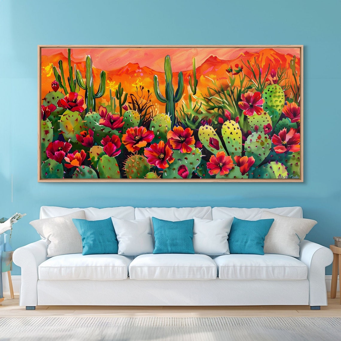 Colorful Cactus Garden Blooming Flowers Saguaro Sunset Art Poster