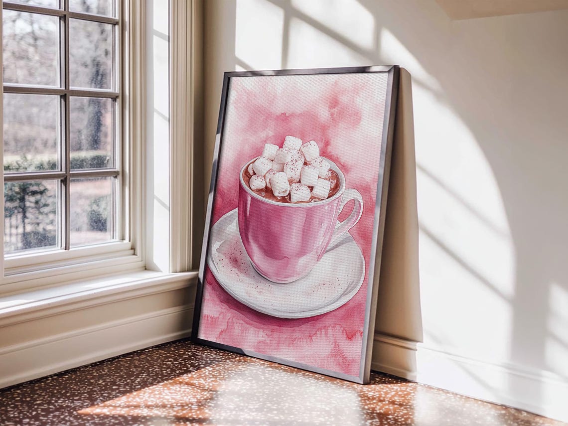Pink Hot Chocolate Cup Marshmallows Cozy Watercolor Kitchen Wall Art - Image 5