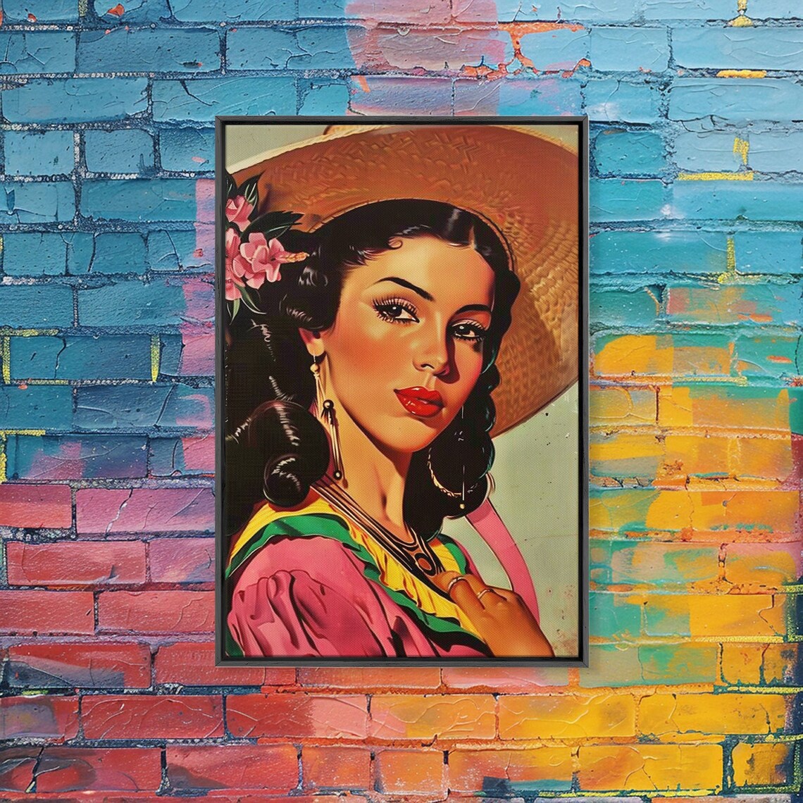Vintage Elegant Lady Straw Hat Floral Portrait Retro Wall Art Poster