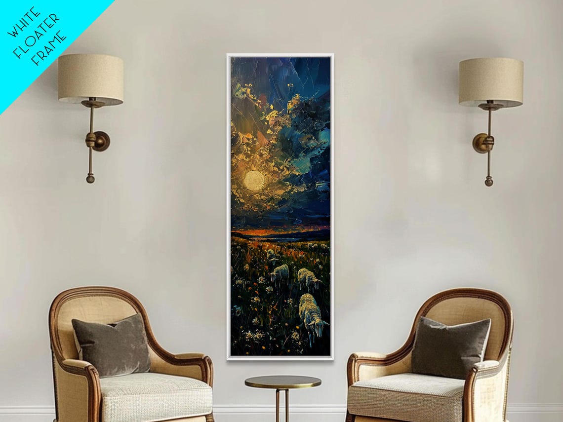 Lambs Grazing In Wildflower Meadow At Sunset Impasto Field Poster - Image 6