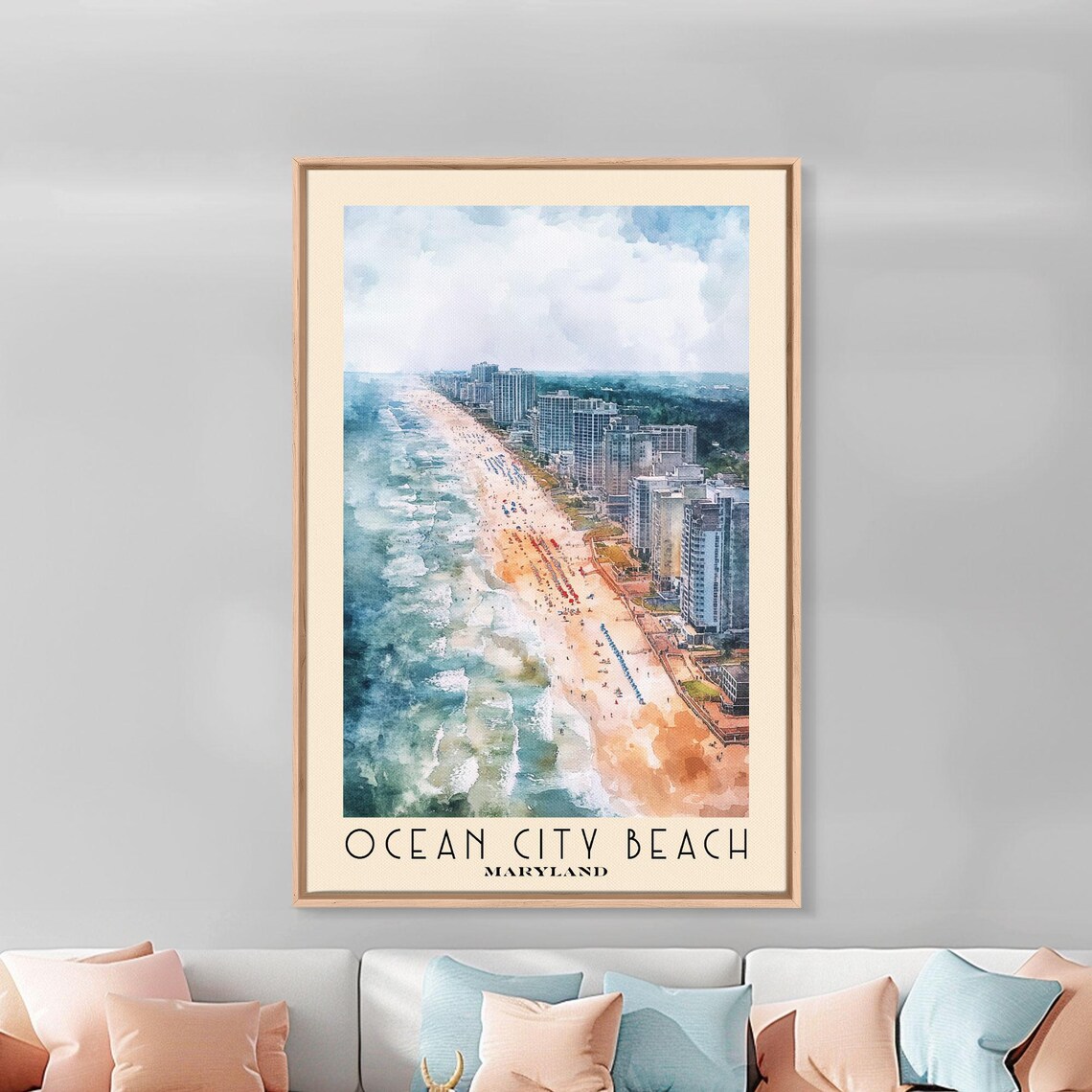 Ocean City Beach Maryland Aerial Skyline Shoreline Watercolor Poster - Image 3