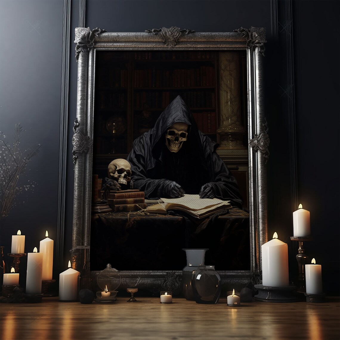 Grim Reaper in His Study, Gothic Halloween Art Print - Image 4