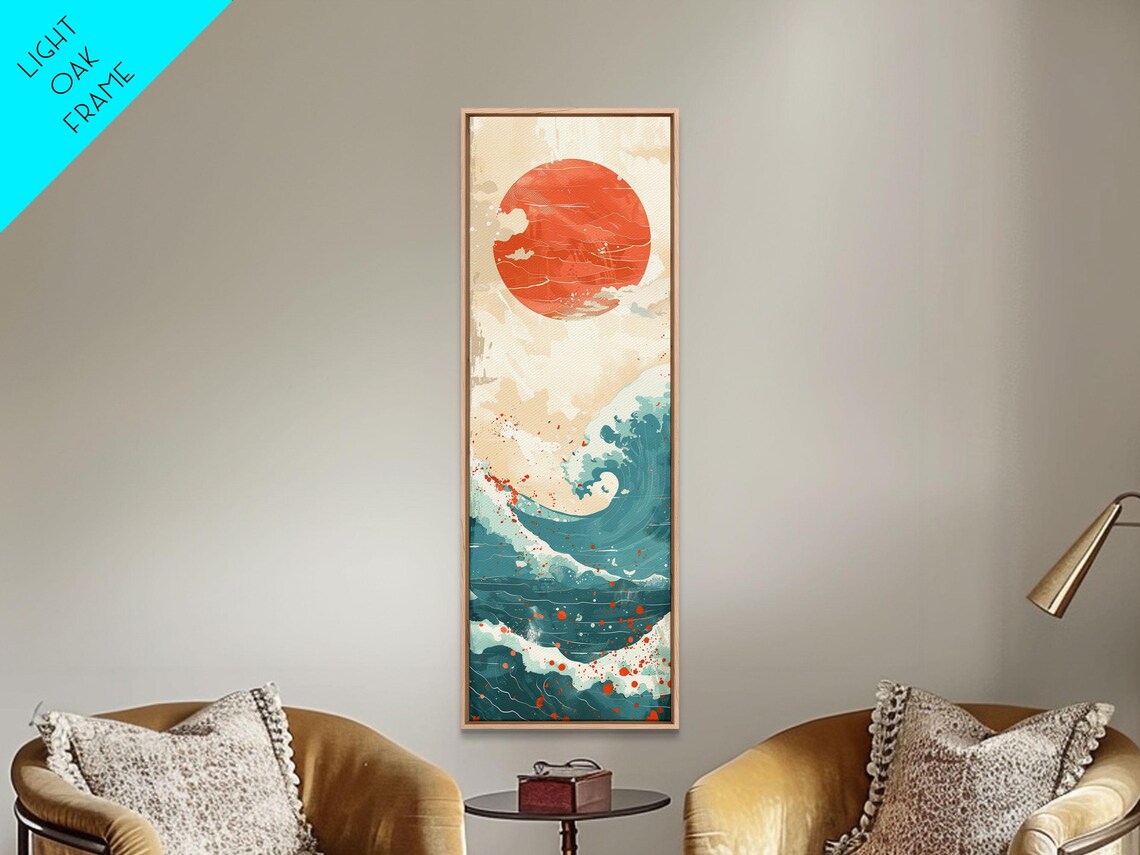 Red Sun Over Teal Ocean Waves Cream Tones Abstract Japanese Seascape Wall Art - Image 3