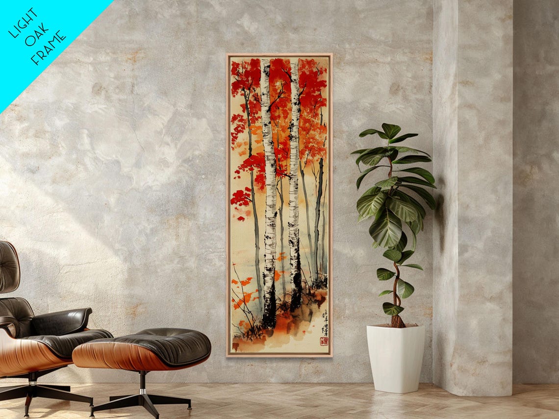Japanese Birch Trees Autumn Red Leaves Traditional Ink Art Poster