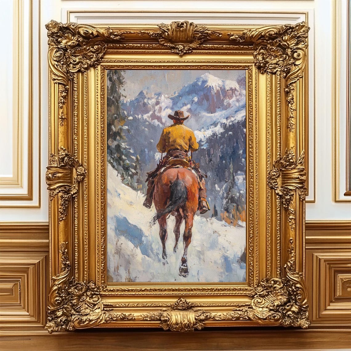 Cowboy On Horseback Snowy Mountain Valley Trail Western Poster - Image 5