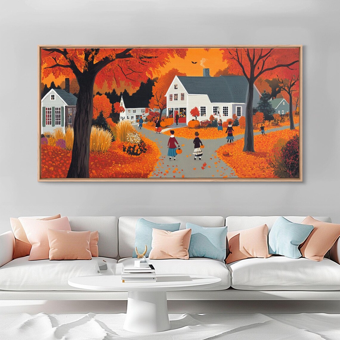 Folk Art Autumn Village Children Pumpkins Orange Trees Fall Poster - Image 3