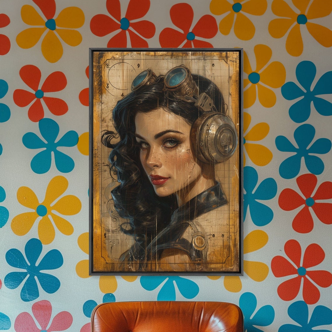 Steampunk Pin Up Pilot Poster Woman with Goggles Vintage Aviator Art