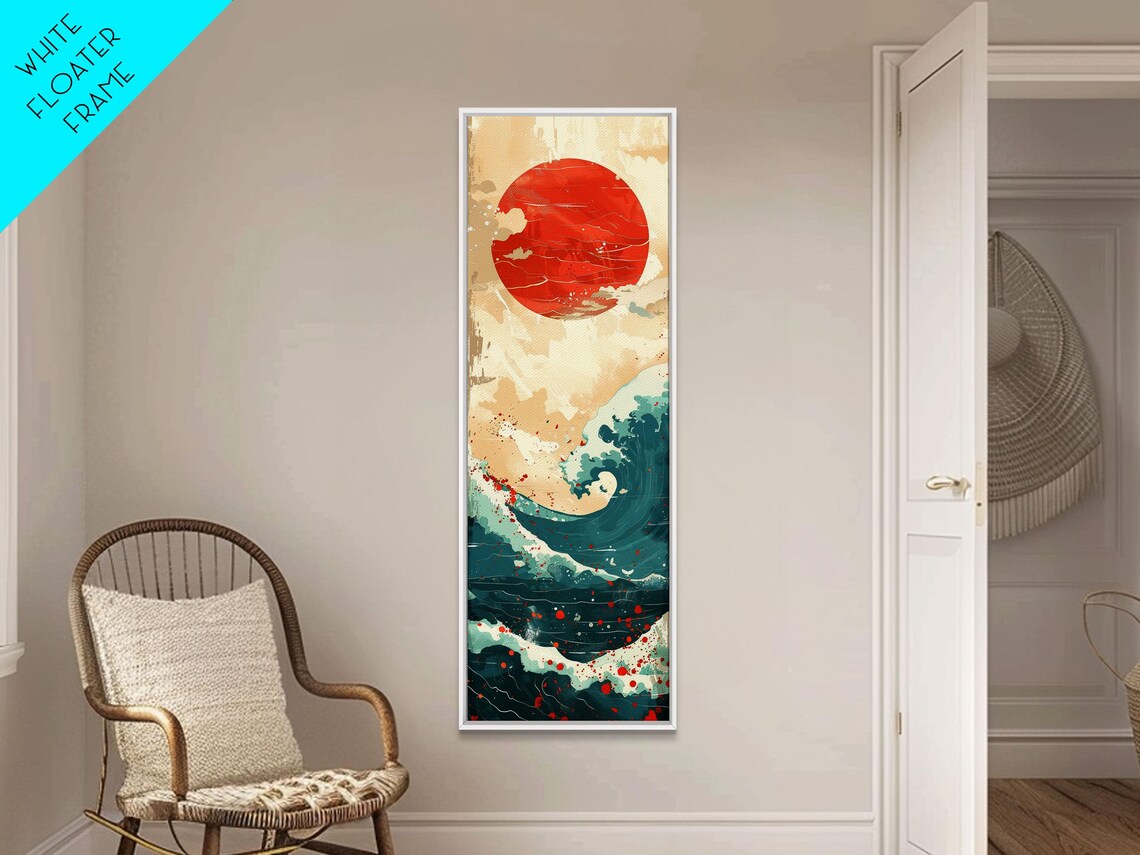Red Sun Over Teal Ocean Waves Cream Tones Abstract Japanese Seascape Wall Art - Image 4