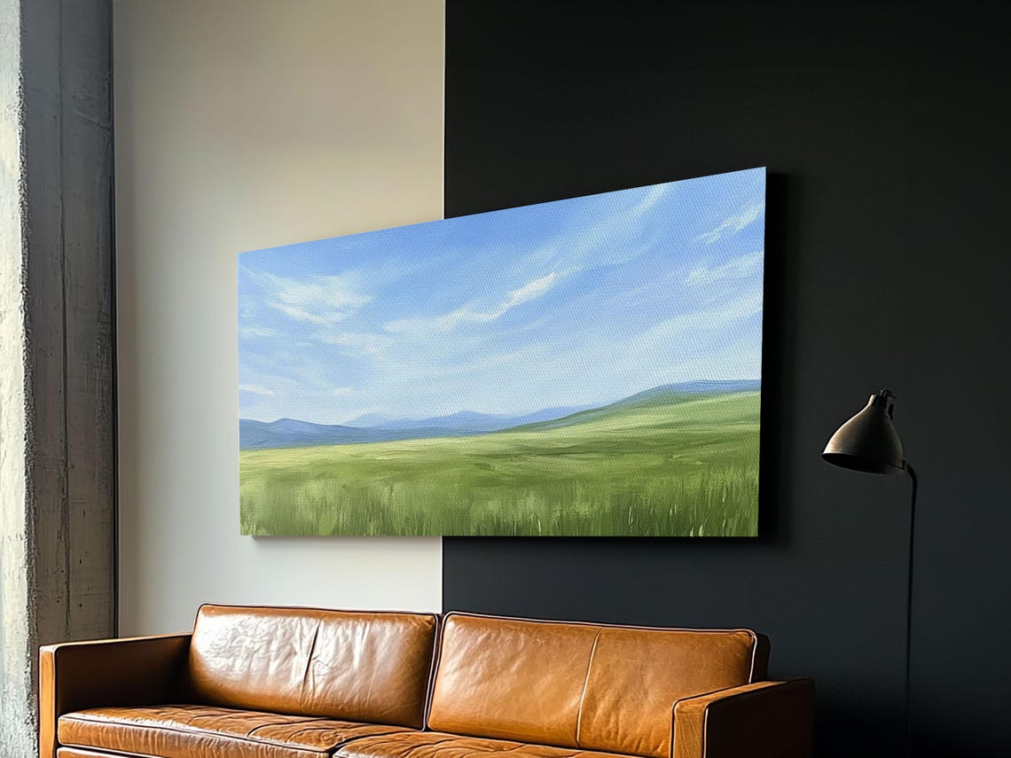 Green Meadow Under Blue Sky Minimalist Landscape Painting Wall Art