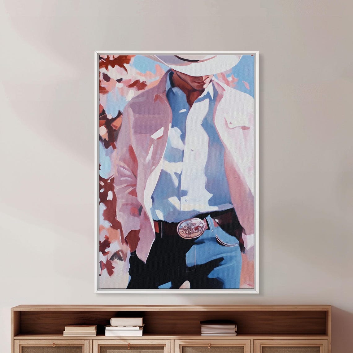Modern Cowboy Portrait White Hat Pink Jacket Fall Leaves Art Print - Image 5