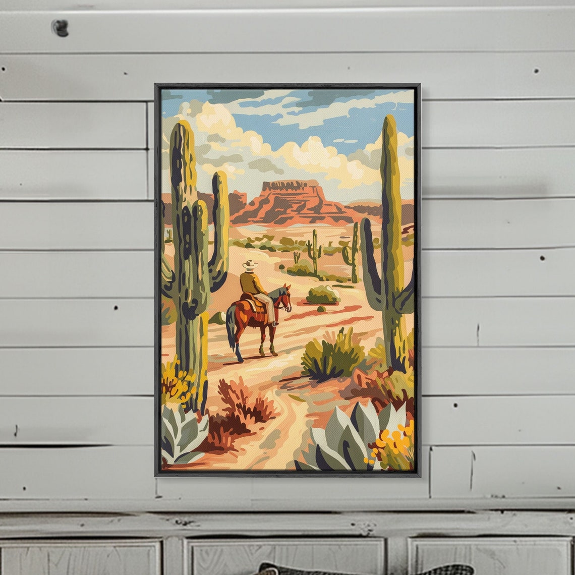 Cowboy Riding Desert Trail With Saguaro Cacti Retro Western Poster - Image 5