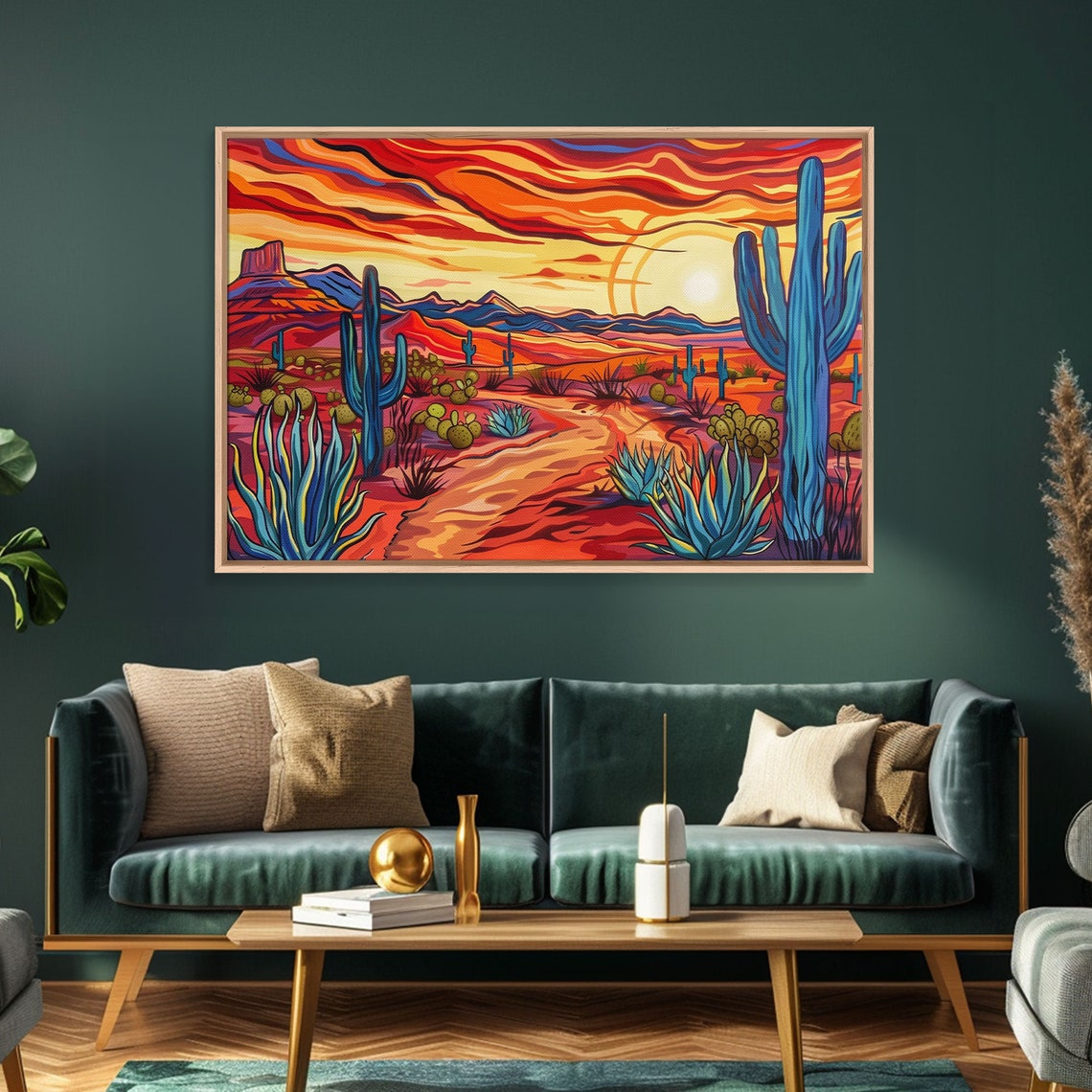 Vibrant Desert Sunset Saguaro Cactus Stylized Painting Wall Art - Image 3