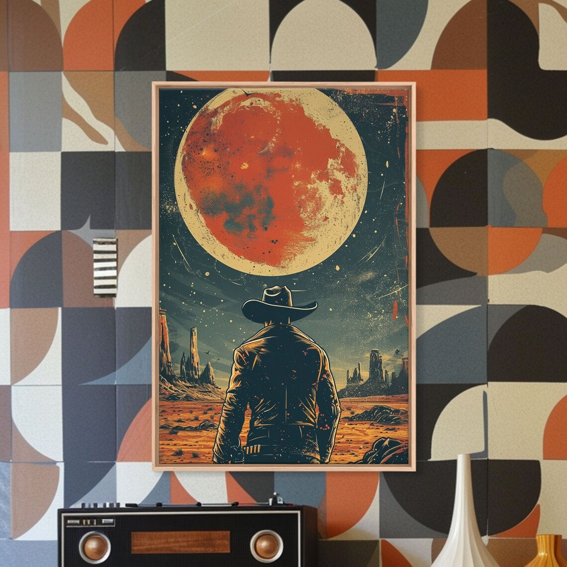 Cosmic Cowboy Poster Silhouette in Desert Canyon Under Giant Red Moon - Image 3