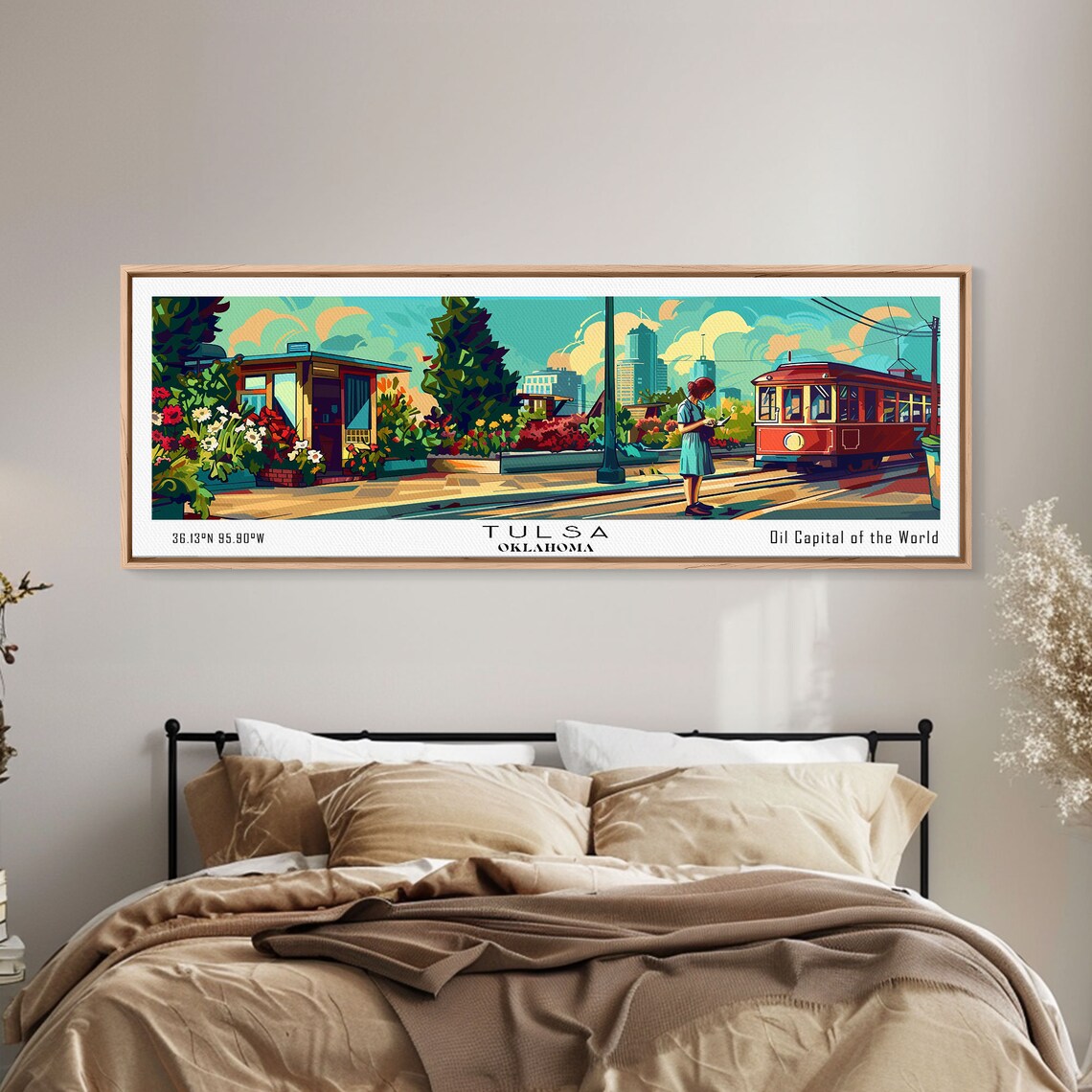 Tulsa Oklahoma Red Streetcar Flower Trolley Stop Vintage Travel Poster
