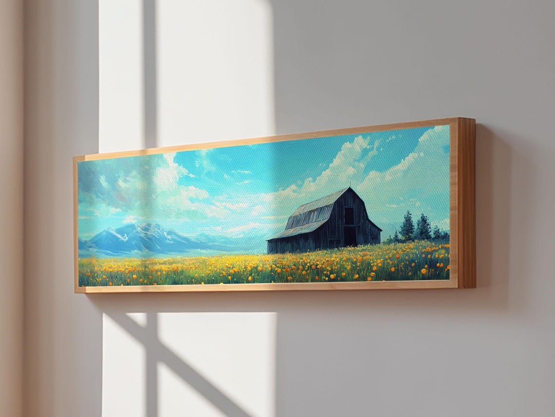 Dark Barn Yellow Wildflower Field Mountain View Panoramic Art Poster - Image 3