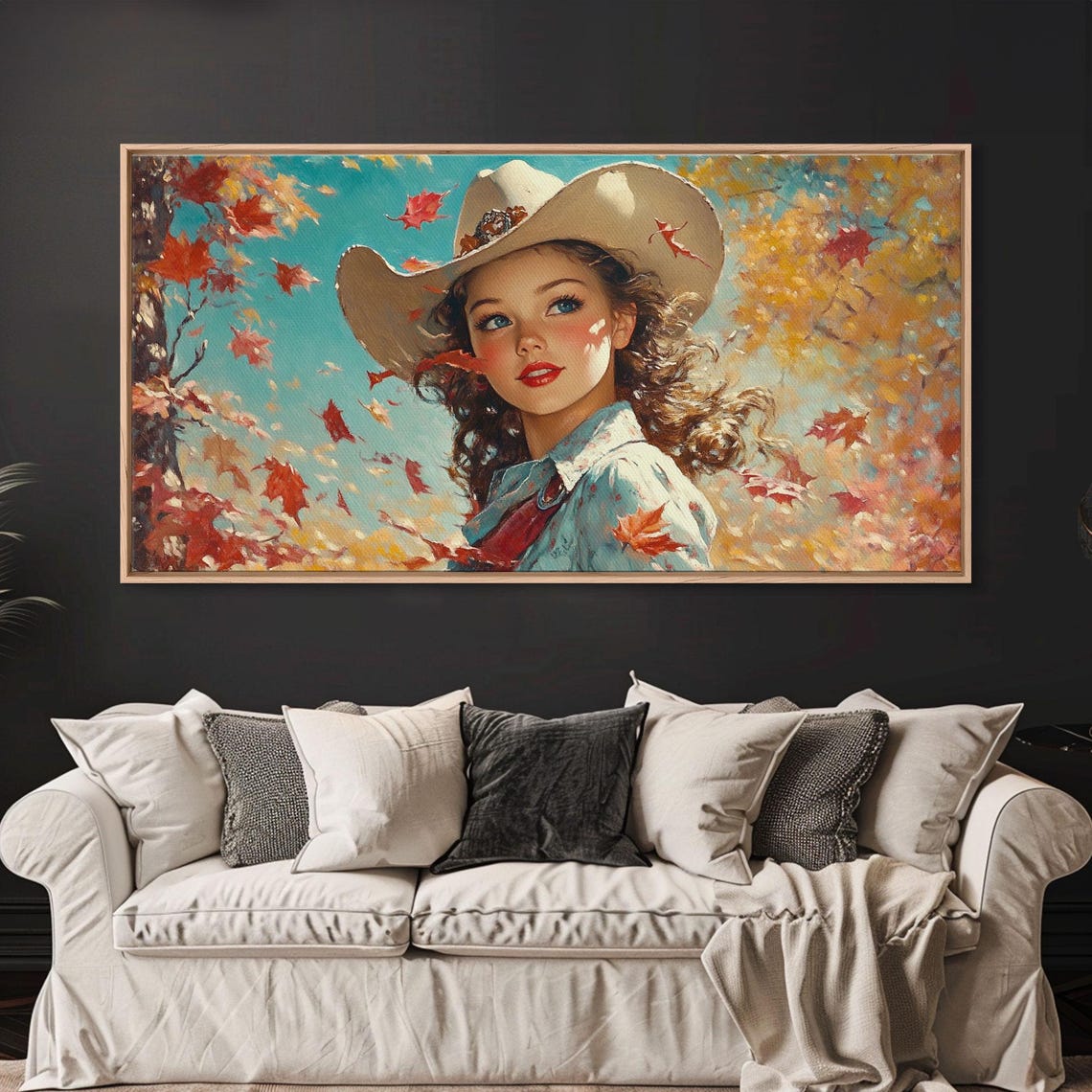 Cowgirl Cowboy Hat Autumn Leaves Falling Rustic Western Art Poster