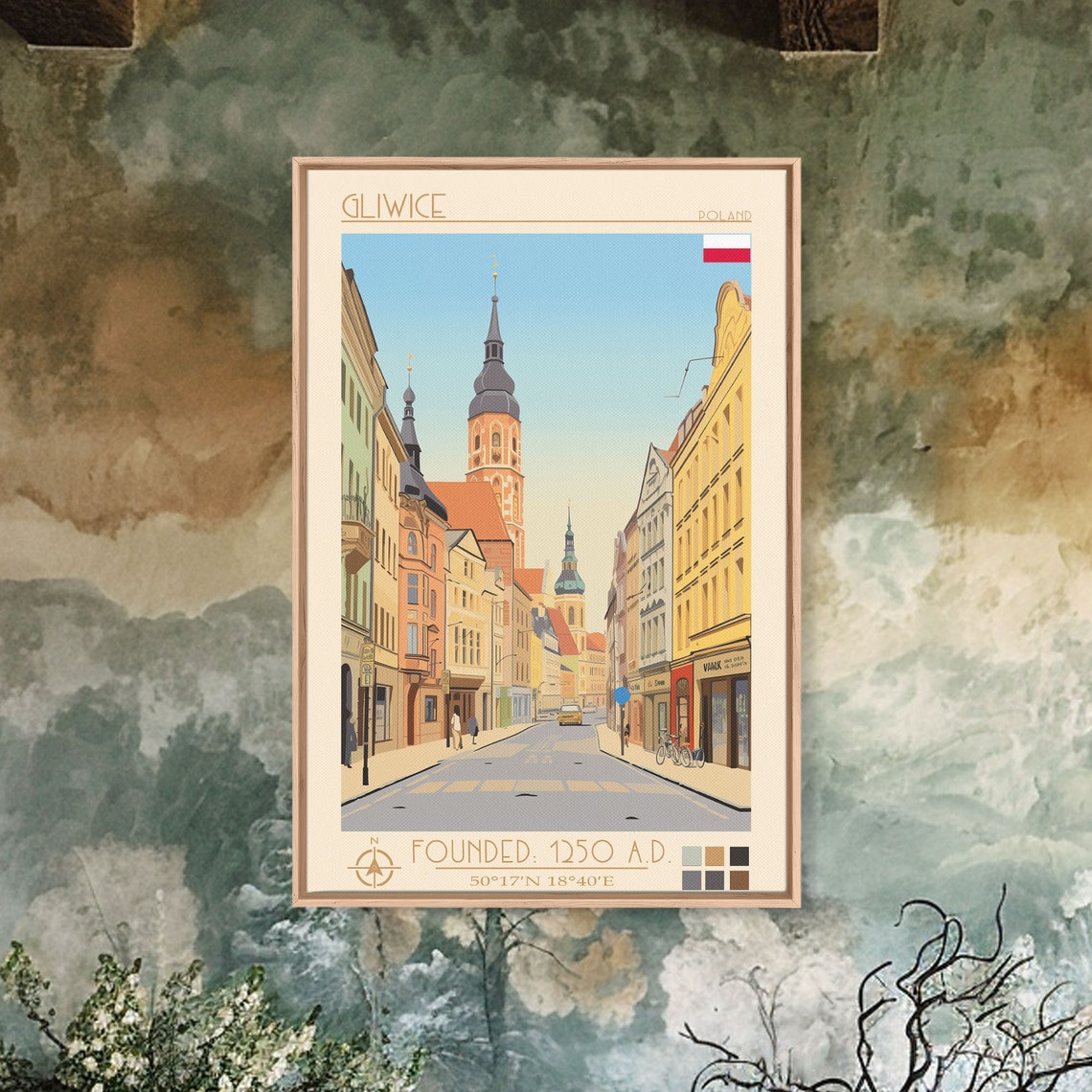 Gliwice Poland Old Town Street Church Towers Pastel Facades Poster - Image 2