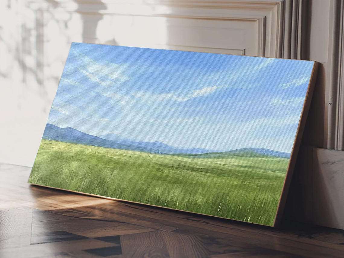 Green Meadow Under Blue Sky Minimalist Landscape Painting Wall Art - Image 4