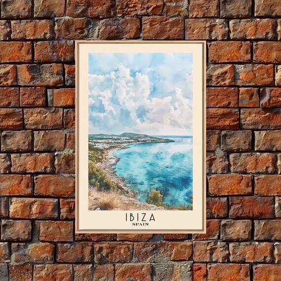 Ibiza Spain Mediterranean Coastline Aerial Bay View Watercolor Poster