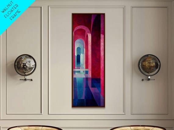Geometric Archway Framed Print Abstract Pink And Blue Whimsical Art Skinny Vertical Wall Art For Modern Living Room Decor