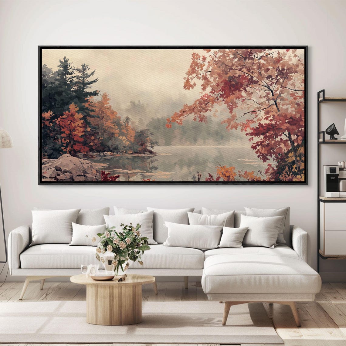 Misty Autumn Lake Framed By Red Maples And Pine Trees Poster - Image 5