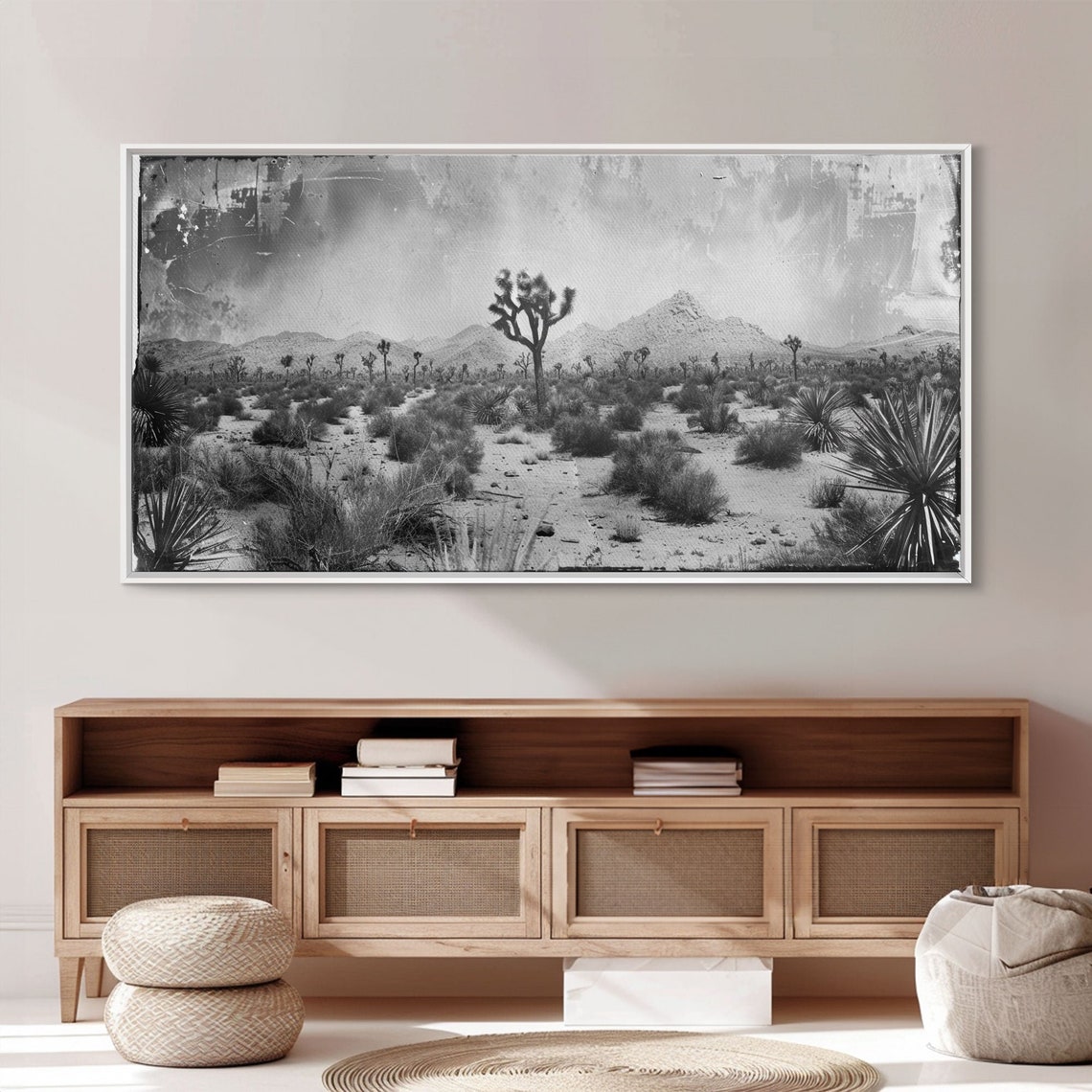 Desolate Desert With Joshua Trees Distant Mountains Black White Print - Image 3