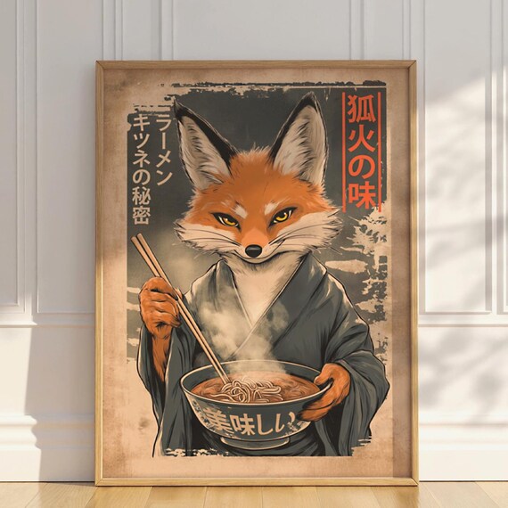 Vintage Fox in Kimono Holding Ramen Bowl Japanese Restaurant Wall Art Poster