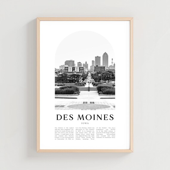 Des Moines Iowa Downtown Skyline Black and White Travel Poster