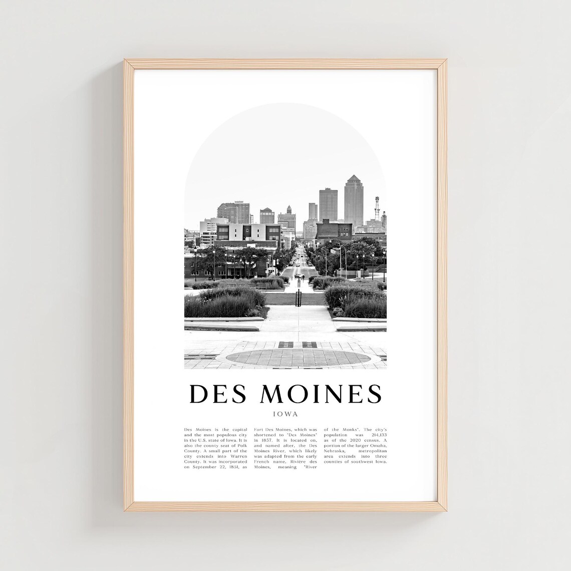 Des Moines Iowa Downtown Skyline Black and White Travel Poster