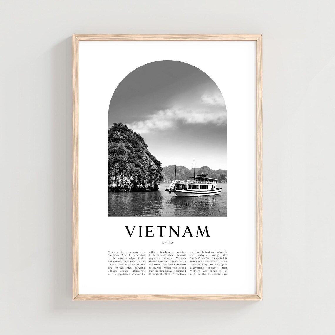 Vietnam Ha Long Bay Sailing Junk Boat Black and White Travel Poster