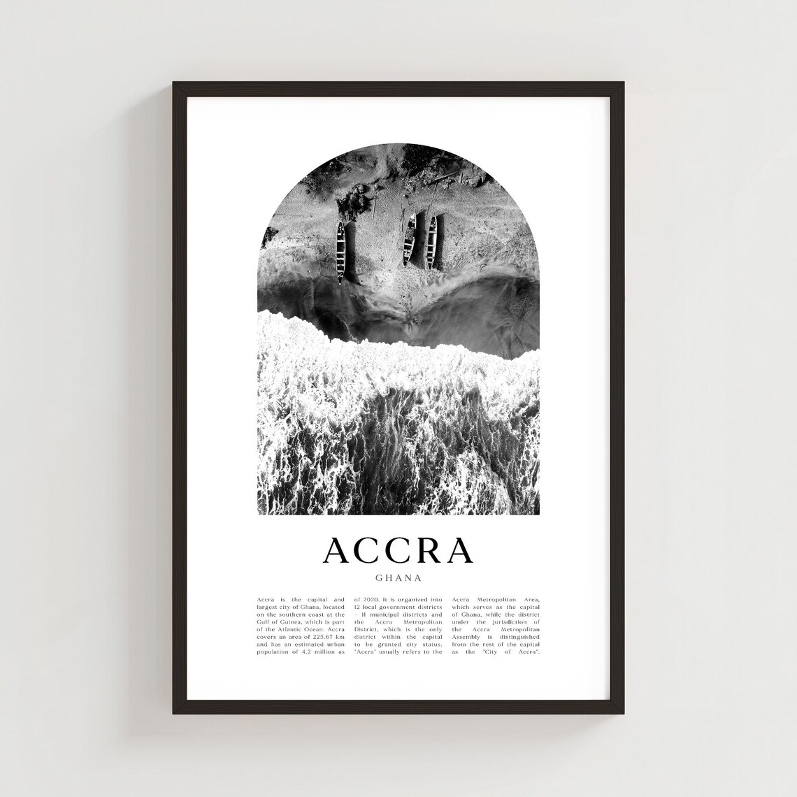 Accra Ghana Aerial Coastline Waves Black and White Photo Poster