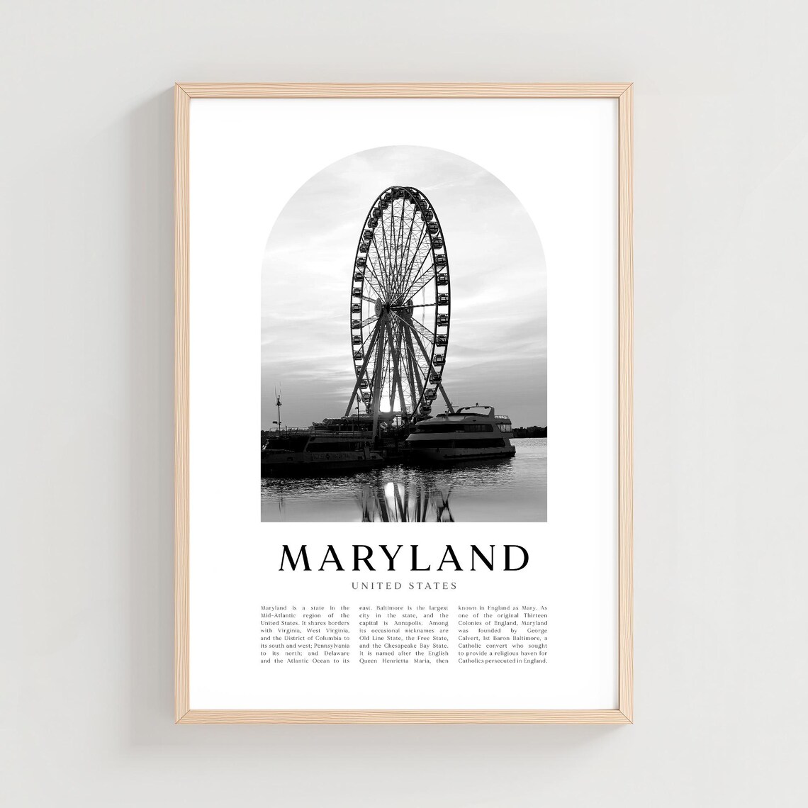 Maryland Ferris Wheel Waterfront Reflection Black White Photo Poster