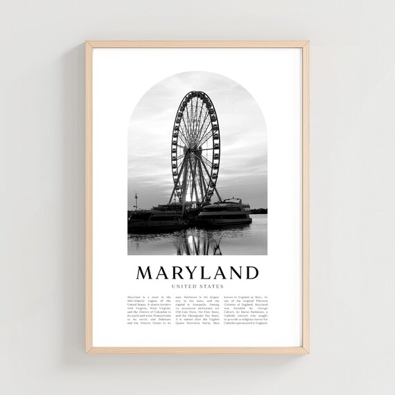 Maryland Ferris Wheel Waterfront Reflection Black White Photo Poster